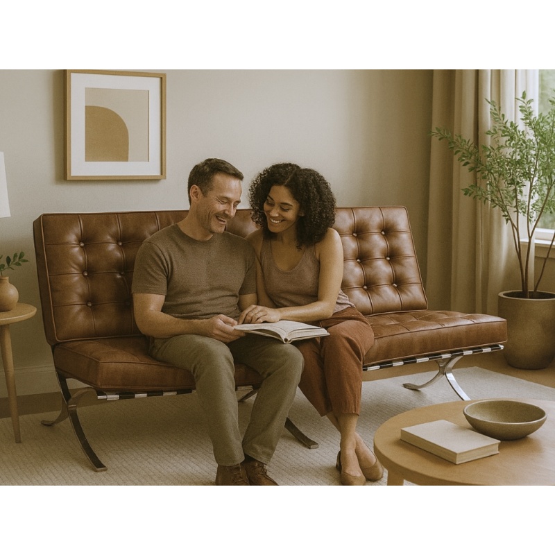 Barcelona Chair Twee zits vintage bruin