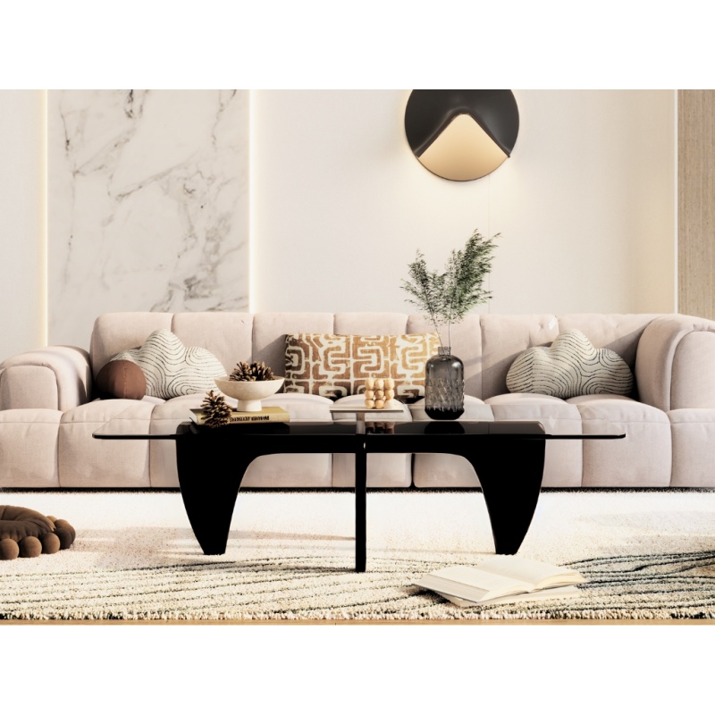 Noguchi Salontafel Zwart hout glazen tafelblad rechthoekig