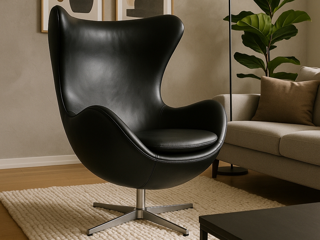 Egg Chair Zwart Leer Fritz Hansen Fauteuil Stoel