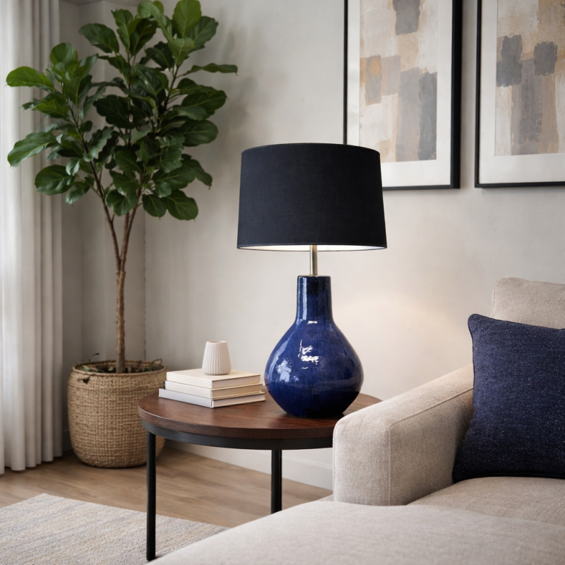 Tafellamp Bolvorm blauw woonkamer